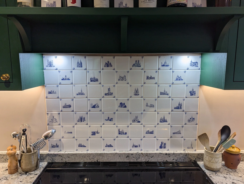 Porcelain tiles in checkerboard pattern with England's cathedrals