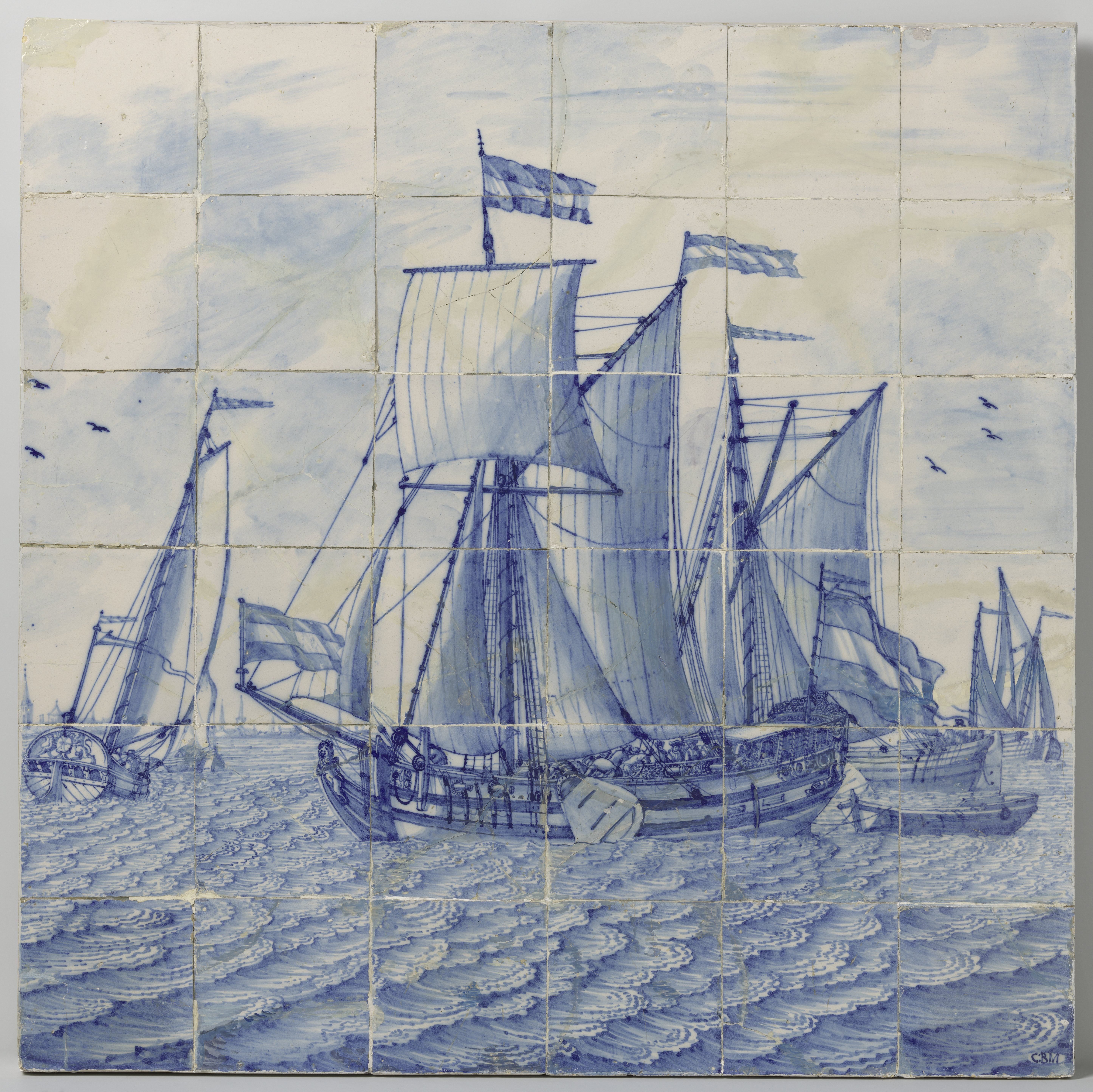 Maritime tegeltableau by Cornelis Boumeester showing warships at sea