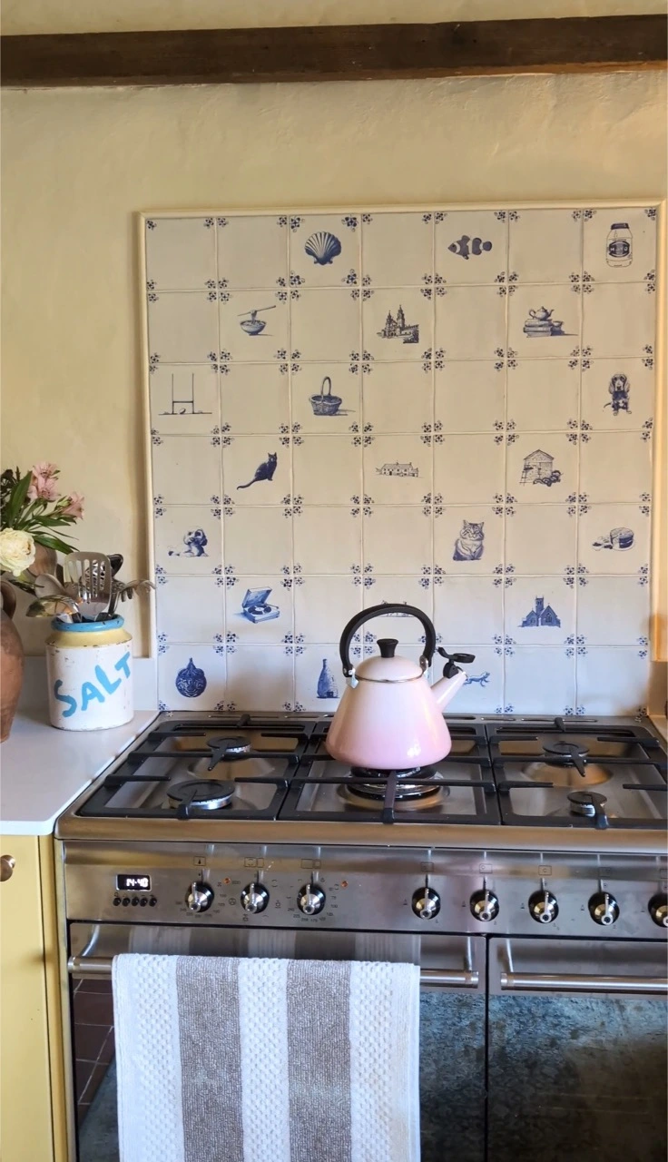 View of Delft tile backsplash with kettle