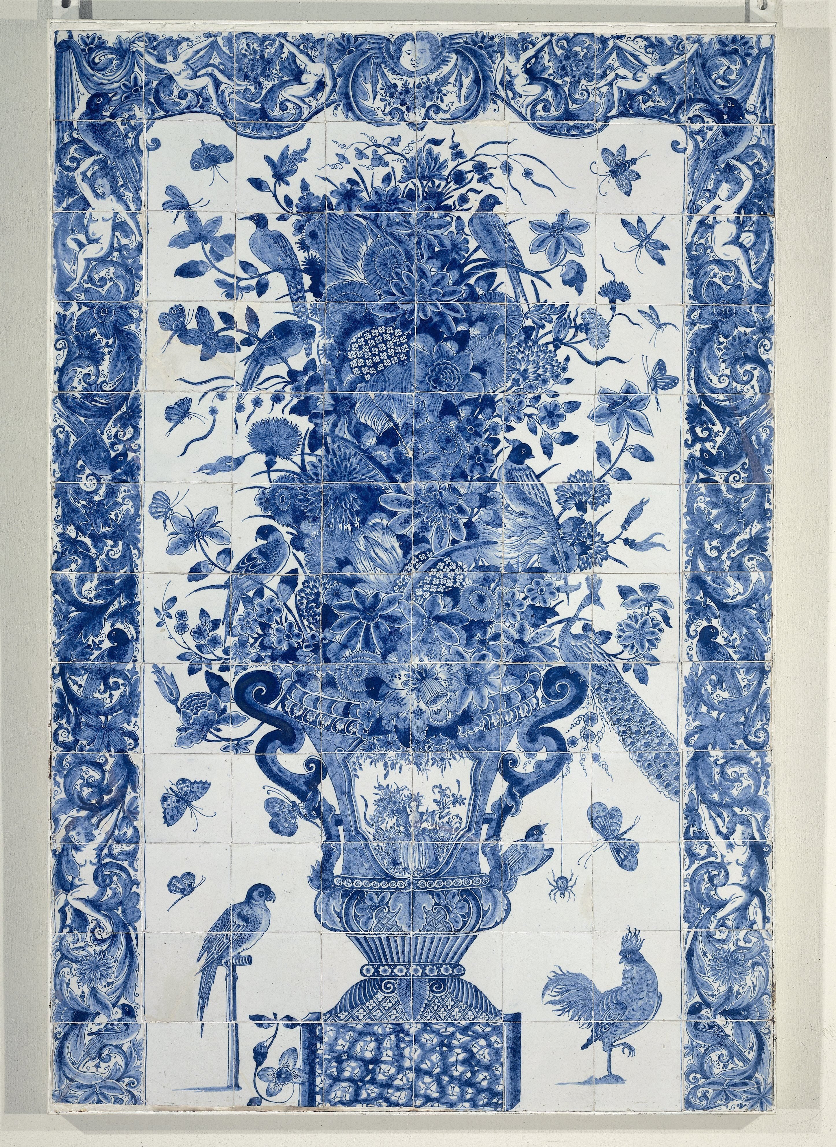 Dutch tegeltableau depicting an elaborate flower vase, from the Rijksmuseum collection