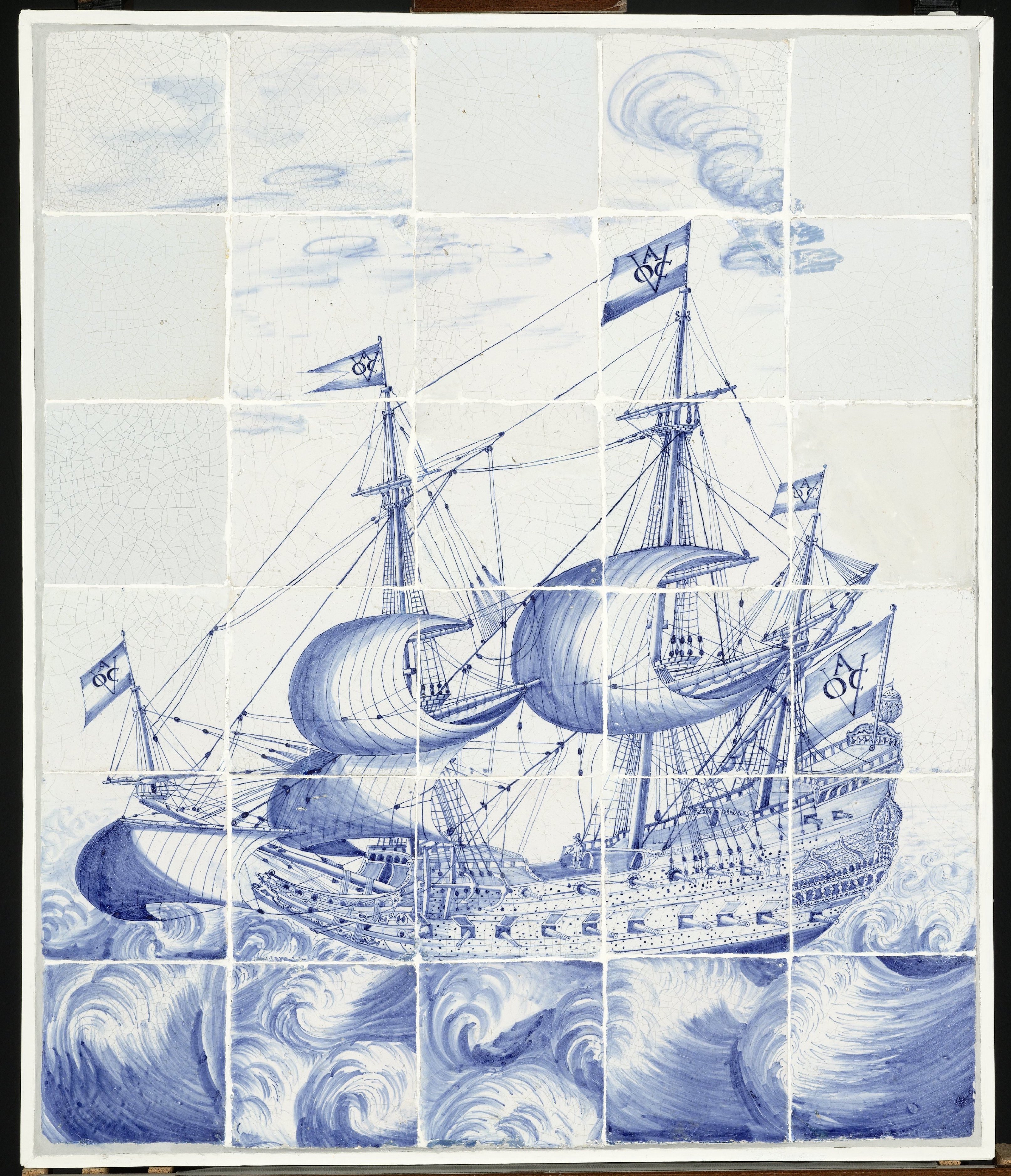 Dutch tegeltableau depicting a VOC sailing ship, from the Rijksmuseum collection